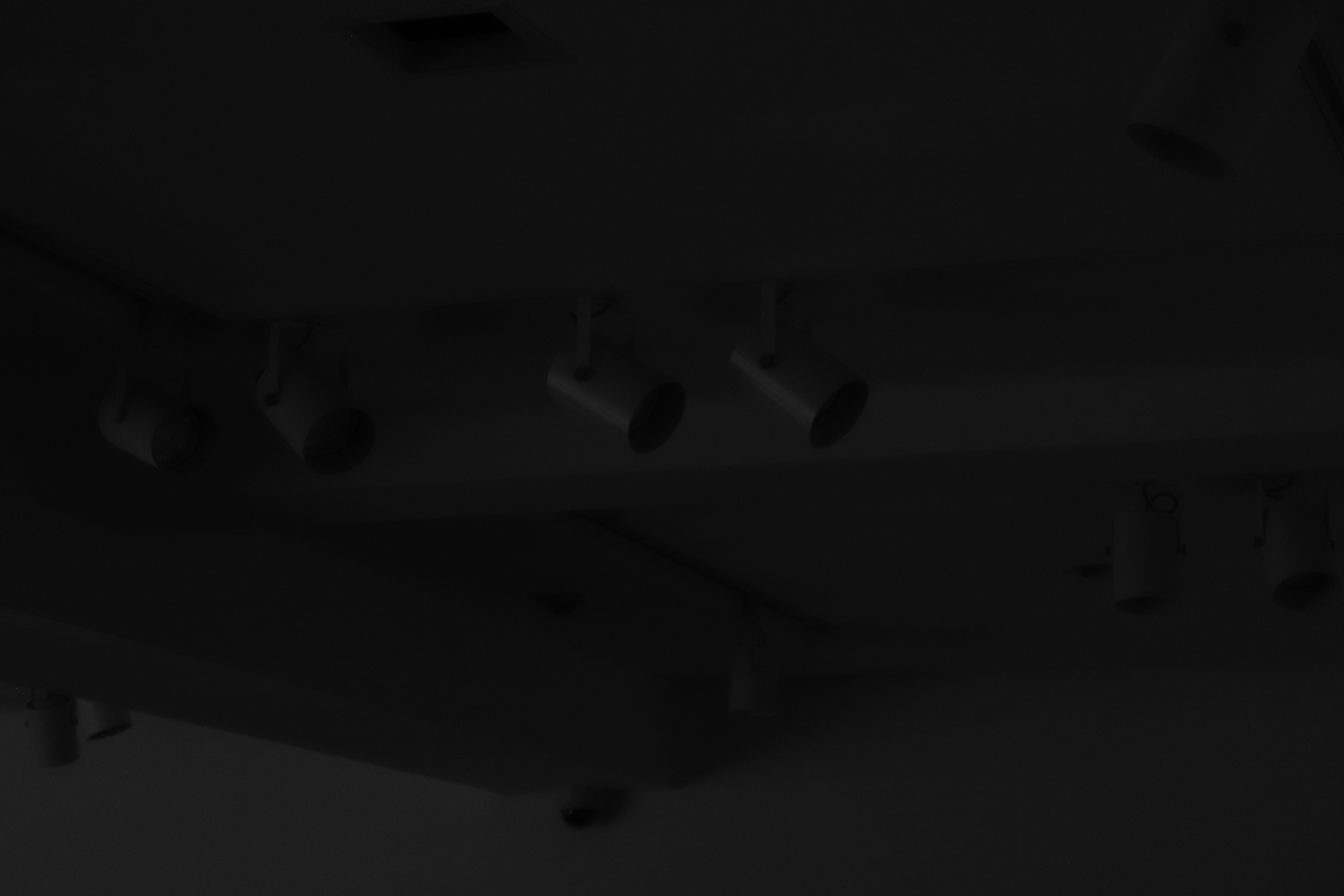 천장에 불 꺼진 레일조명. 흑백사진.
